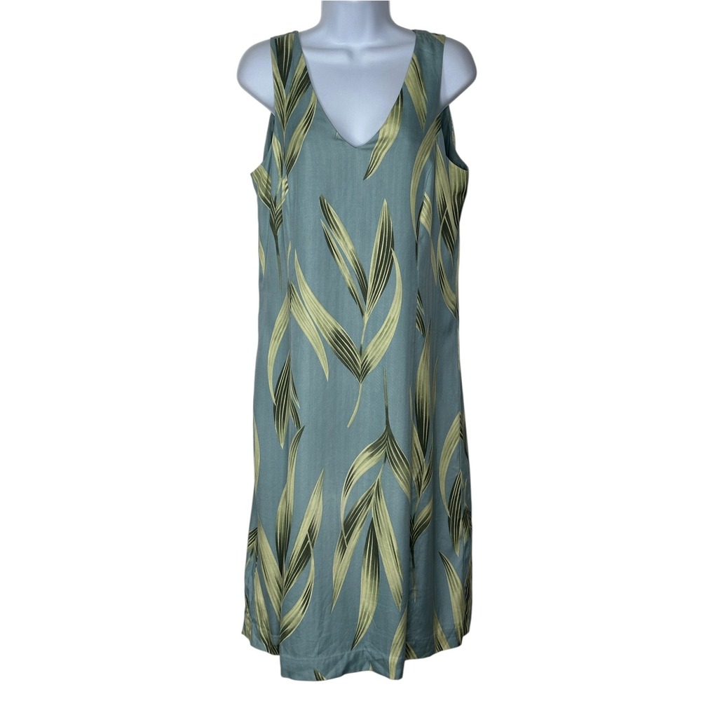 Tommy Bahama Silk Sheath Dress 8 Blue Green Tropical Leaf V-Neck Resortwear